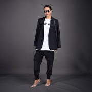 Model wearing 3-in-1 linen jacket and pants, front view – East Vibe